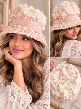 Vintage Pink Floral Pearl Embellished Bucket Hat